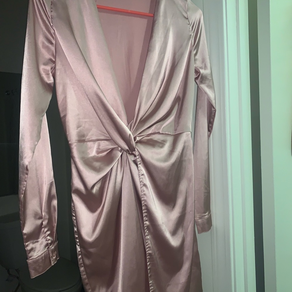 Satin baby pink mini dress.